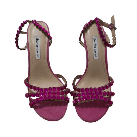 Charles‎ David Penelope Pink Rhinestones Suede Ankle Strap Heels Sandals Size 10 - Picture 2 of 11